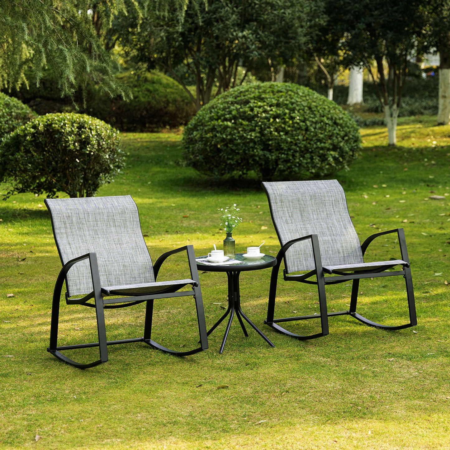 Outsunny Patio Bistro Set: 2 Rocking Chairs & Tempered Glass Table, Ideal for Garden & Poolside, Grey