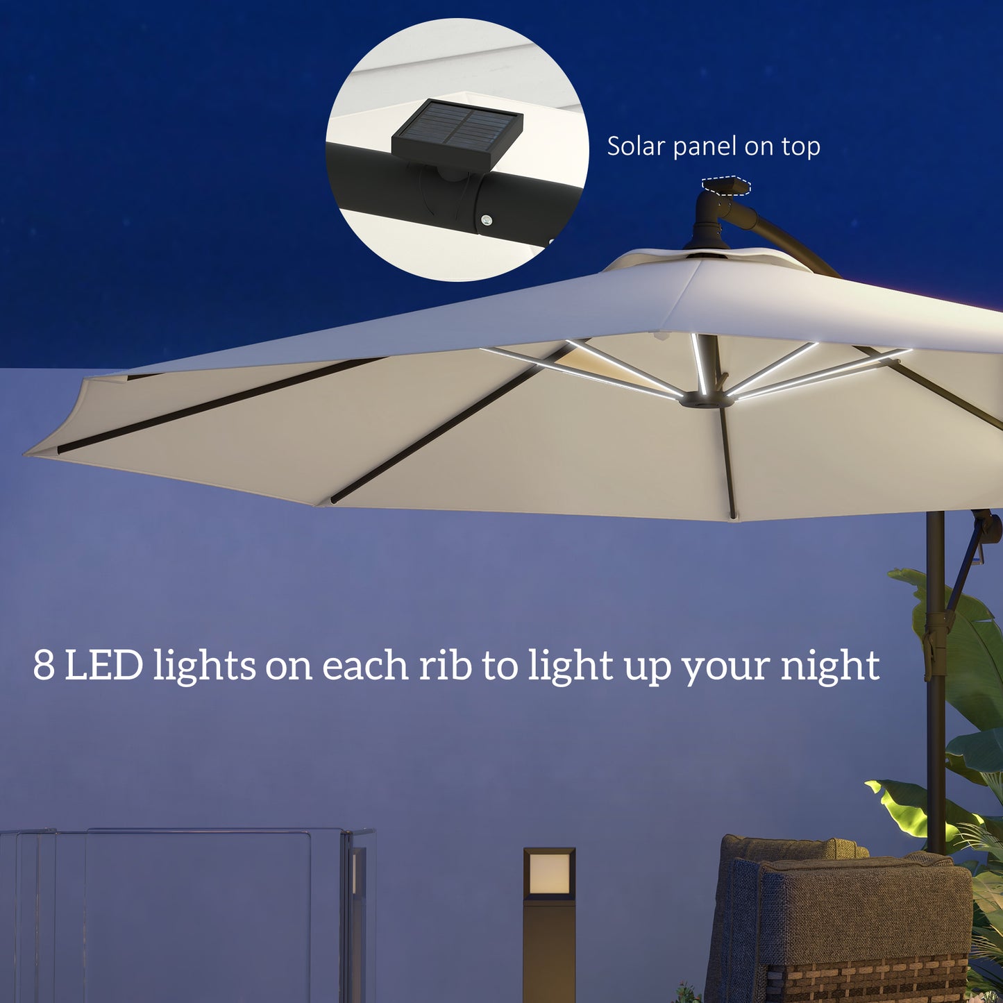 Outsunny 3(m) Cantilever Parasol with Solar LED Lights, Garden Umbrella with Cross Base and Crank Handle, Hanging Offset Banana Sun Shade for Outdoor, Patio, Beige