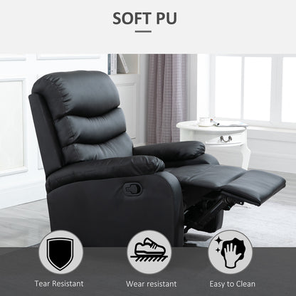 HOMCOM PU Leather Reclining Chair, Manual Recliner Chair with Padded Armrests, Retractable Footrest and Wood Frame, Black