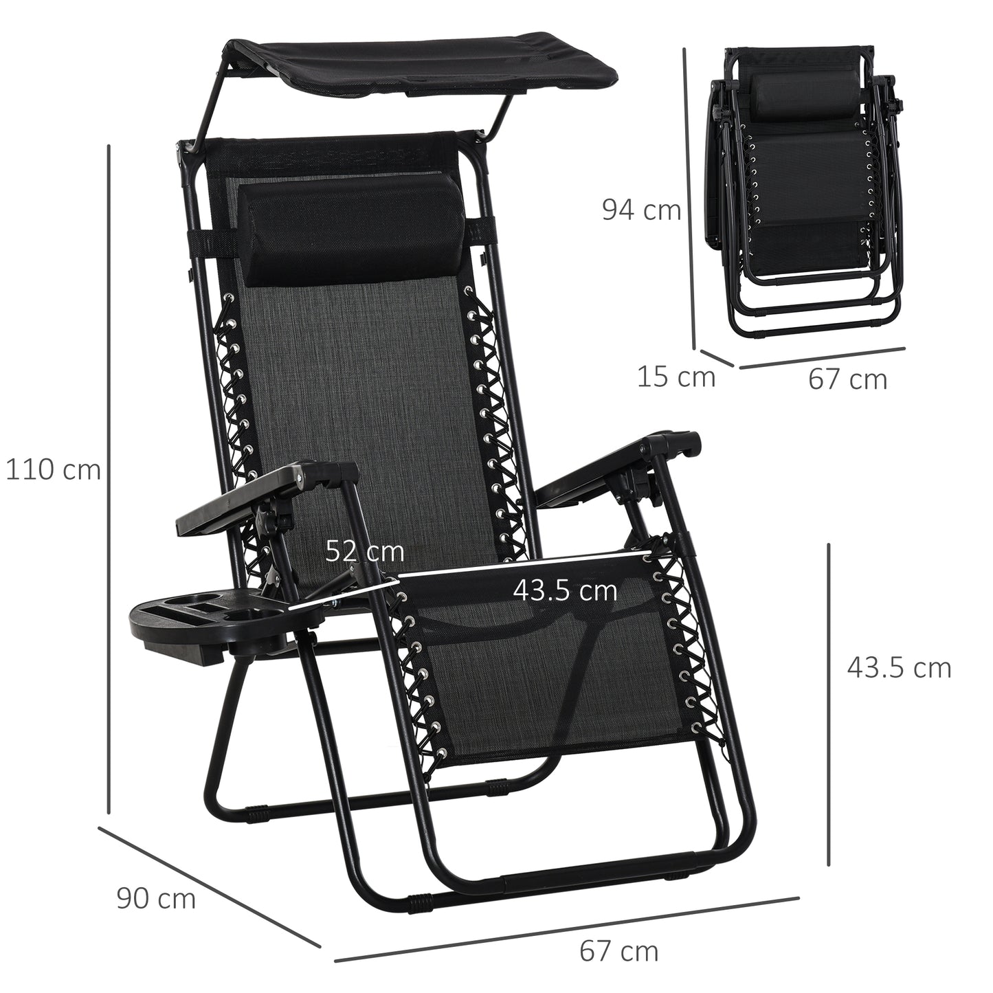 Outsunny Zero Gravity Garden Deck Folding Chair Patio Sun Lounger Reclining Seat with Cup Holder & Canopy Shade - Black