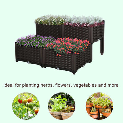 Outsunny Set of 4 Garden Raised Bed Elevated Patio Flower Plant Planter Box PP Vegetables Planting Container, Brown
