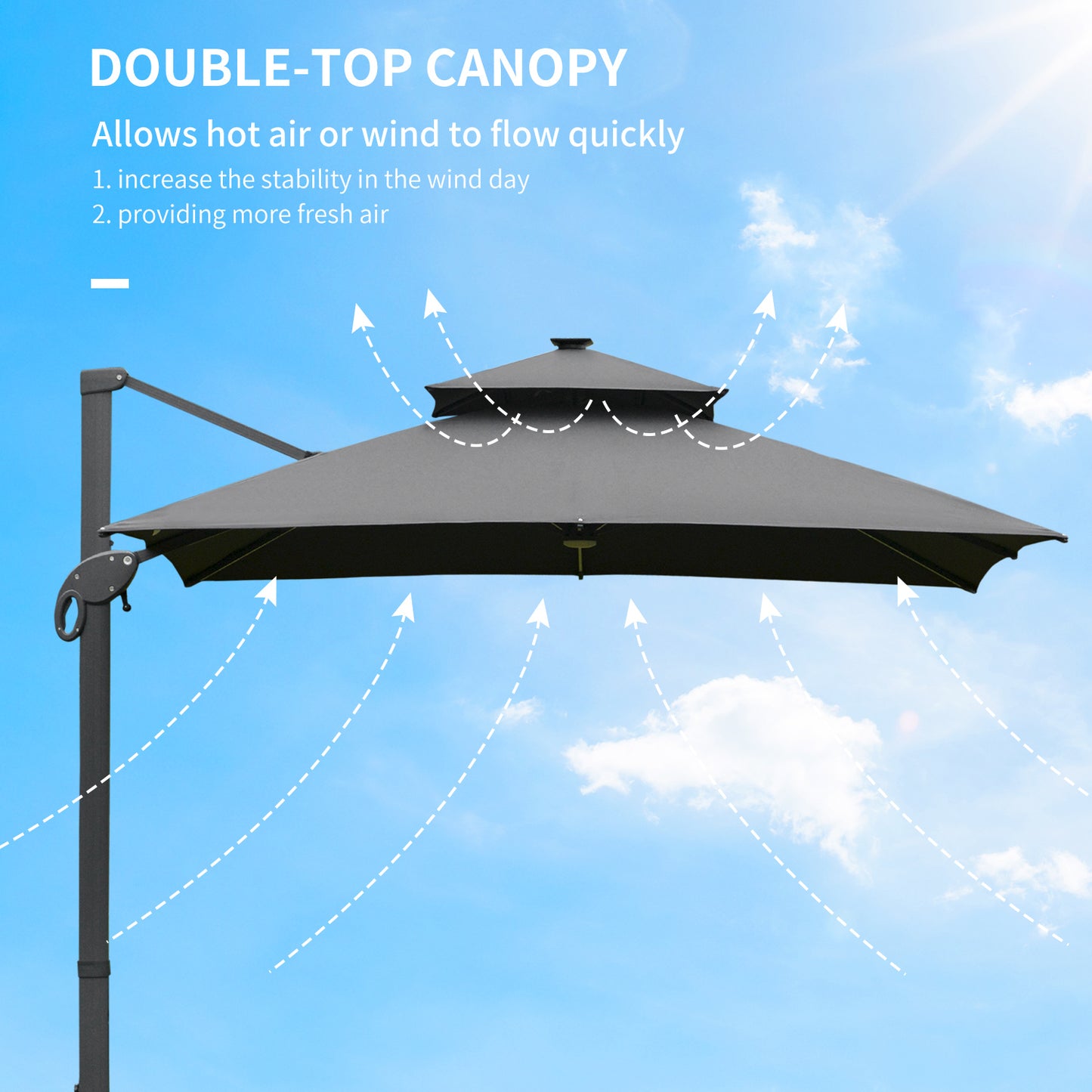 Outsunny 3 x 3(m) Cantilever Roma Parasol Garden Sun Umbrella Outdoor Patio with LED Solar Light Cross Base 360° Rotating for Backyard Dark Gray