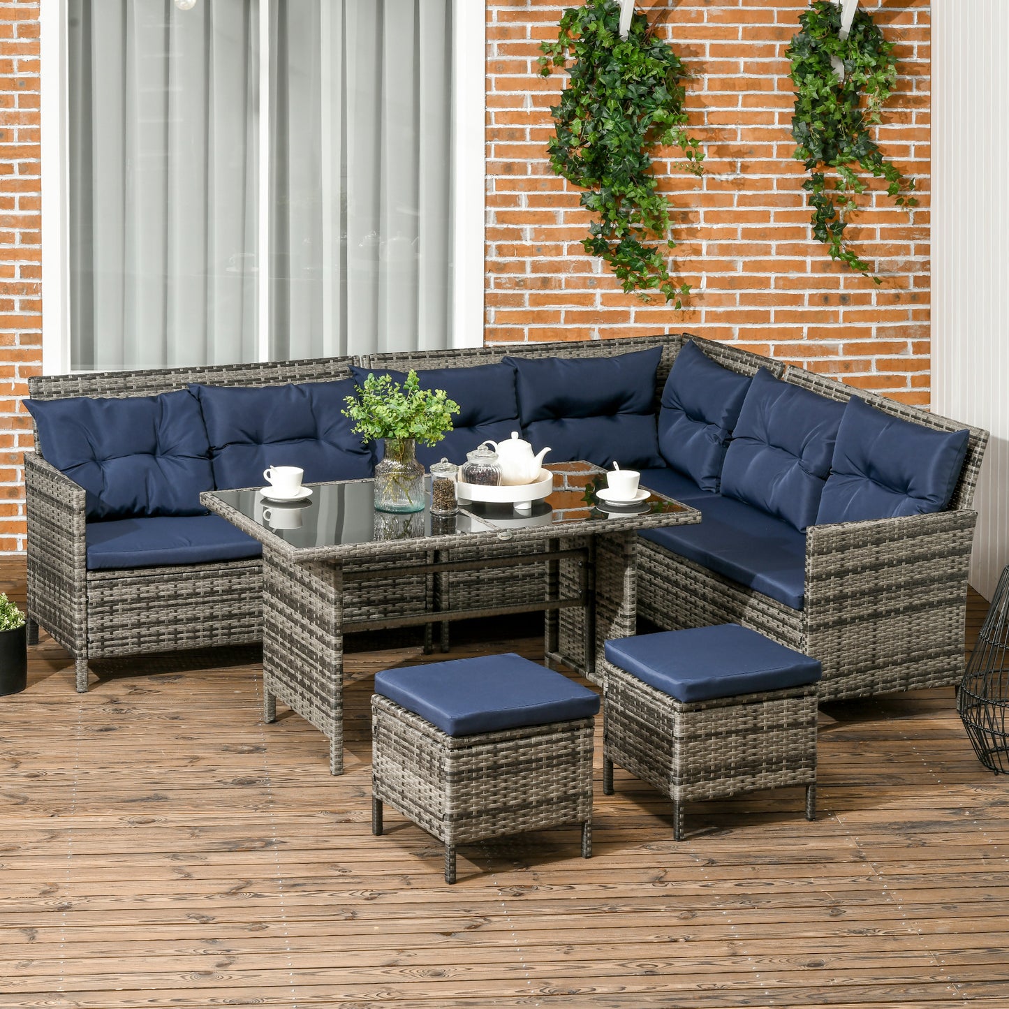 Outsunny 8-Seater Patio wicker Sofa Set Rattan Chair Furniture w/ Glass & Cushioned