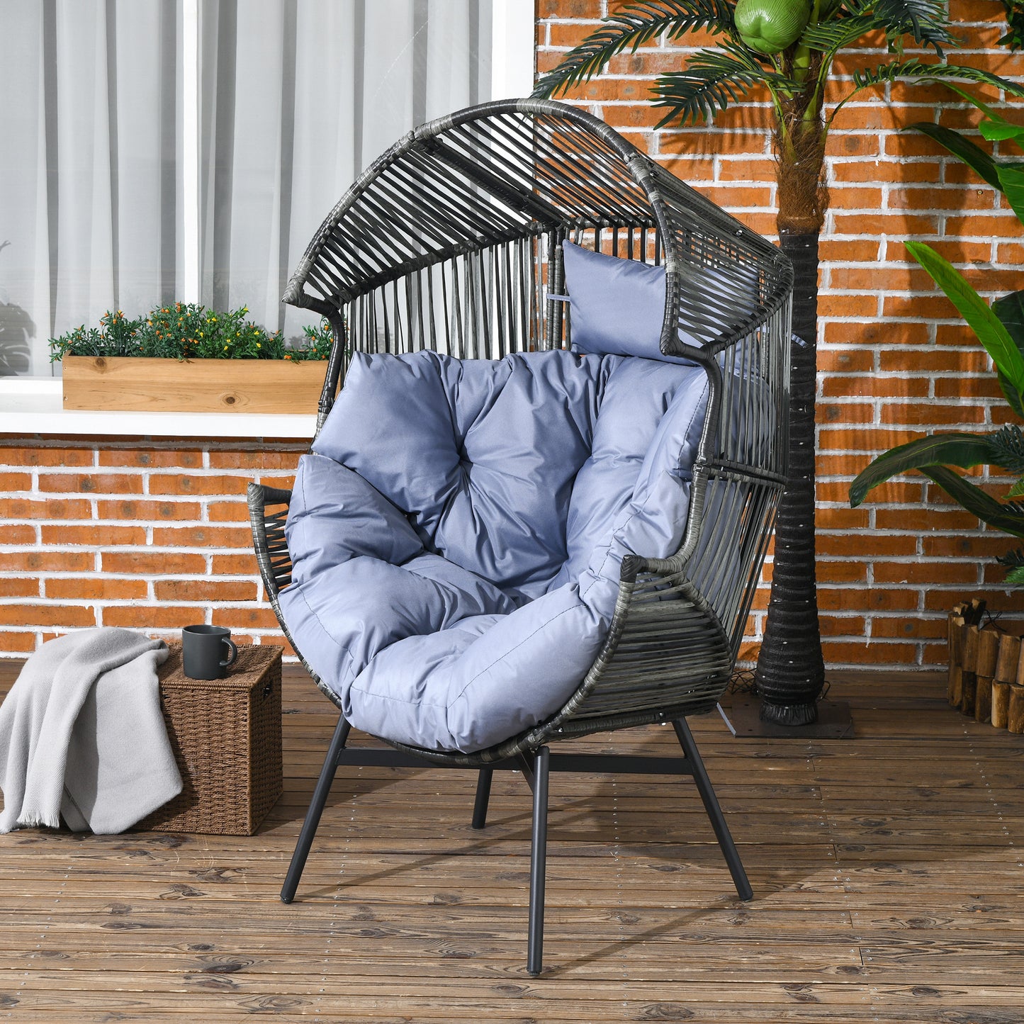 Outsunny PE Rattan Leisure Chair with 14cm Thick Seat Cushion, Steel Frame Garden Egg Chair with Comfortable Headrest, Adjustable Feet, Mixed Grey