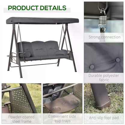 Outsunny 3 Seater Garden Swing Chair Outdoor Hammock Bench w/ Adjustable Canopy, Cushions and Cup Trays, Steel Frame, Dark Grey