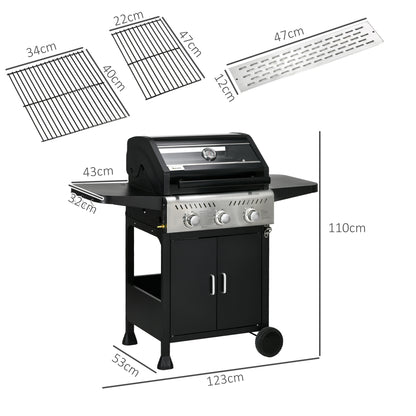 Outsunny 9 kW 3 Burner Gas BBQ Grill with See-through Lid, Black