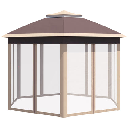 Outsunny Hexagon Pop Up Gazebo Outdoor Patio Gazebo Double Roof Instant Shelter with Netting, 3 x 4m, Khaki