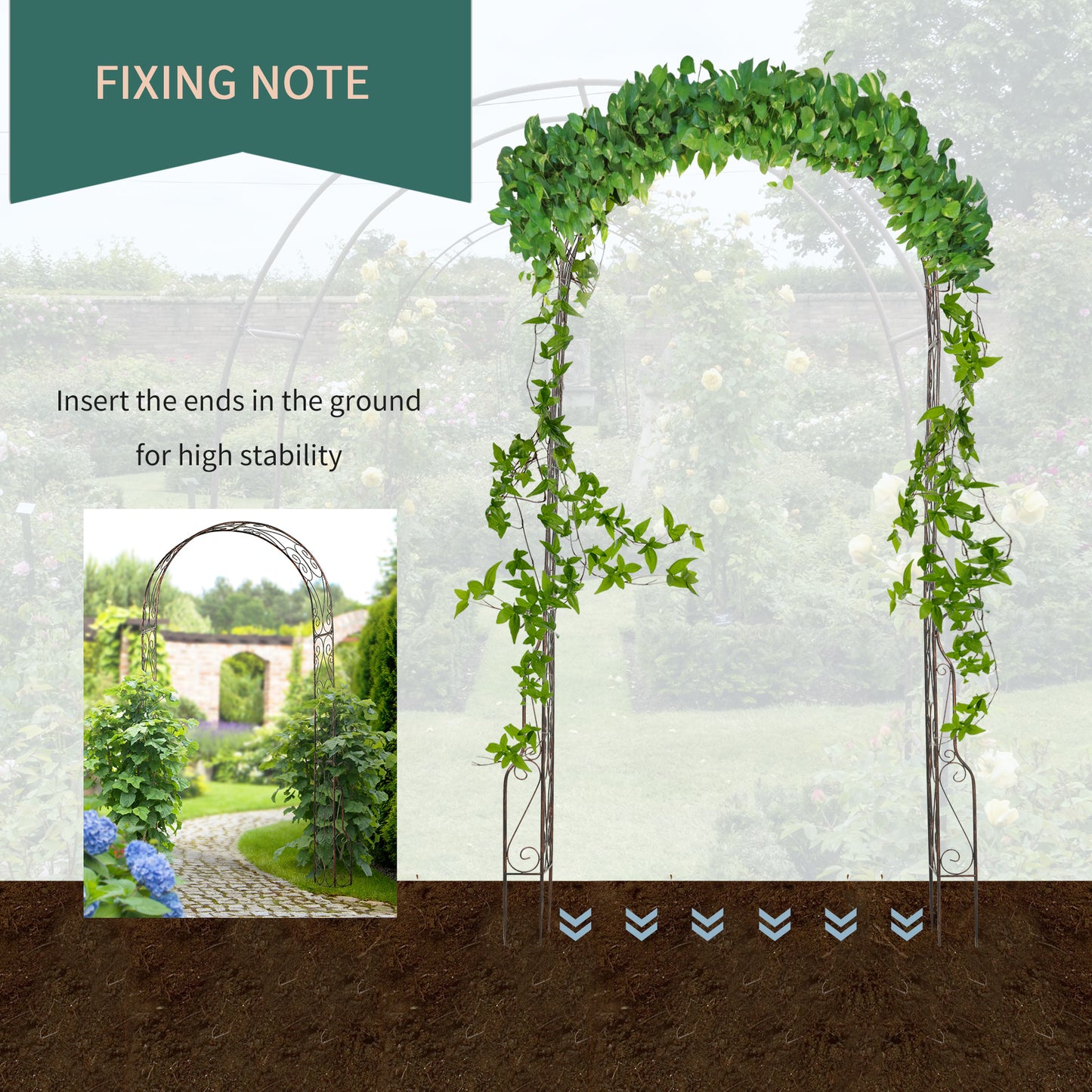 Outsunny Metal Decorative Garden Rose Arch Arbour Trellis for Climbing Plants Support Archway Wedding Gate 120L x 30W x 226H (cm)