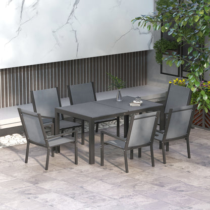 Outsunny 7 Pieces Garden Dining Set with Wood-plastic Composite Dining Table, and 6 Stackable Armchairs with Breathable Mesh Fabric