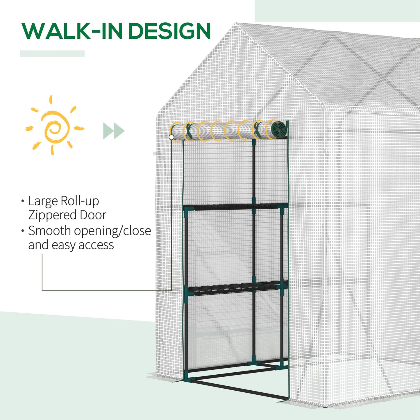 Outsunny Walk-In Greenhouse Portable Gardening Plant Grow House with 2 Tier Shelf, Roll-Up Zippered Door and PE Cover, 143 x 143 x 195 cm