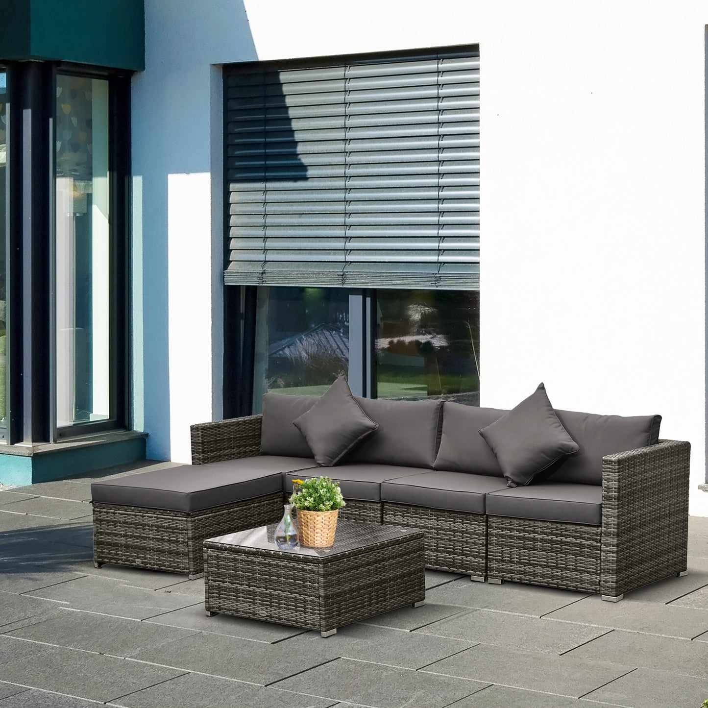 Outsunny 5-Seater Garden Patio Rattan Furniture Wicker Weave Conservatory Sofa Chairs Table Set Brown Aluminium Frame