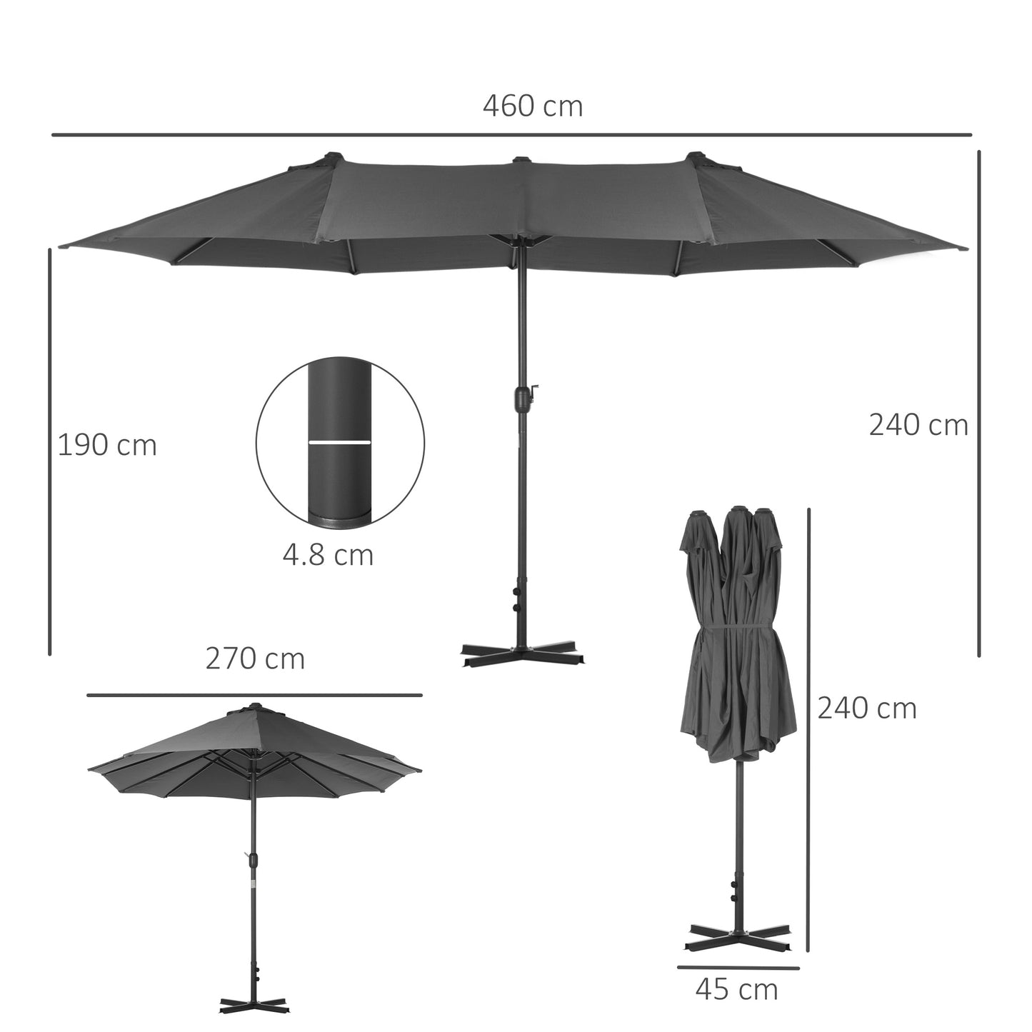 Outsunny 4.6m Garden Parasol Double-Sided Sun Umbrella Patio Market Shelter Canopy Shade Outdoor with Cross Base – Grey