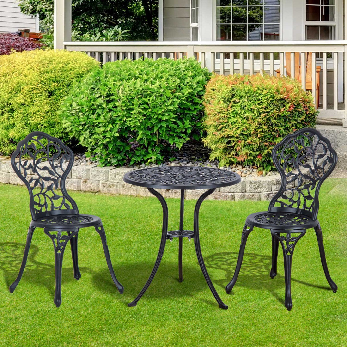 Outsunny Cast Aluminium Bistro Set: Antique Style 3-Piece Garden Furniture with Table & Chairs, Outdoor Seating