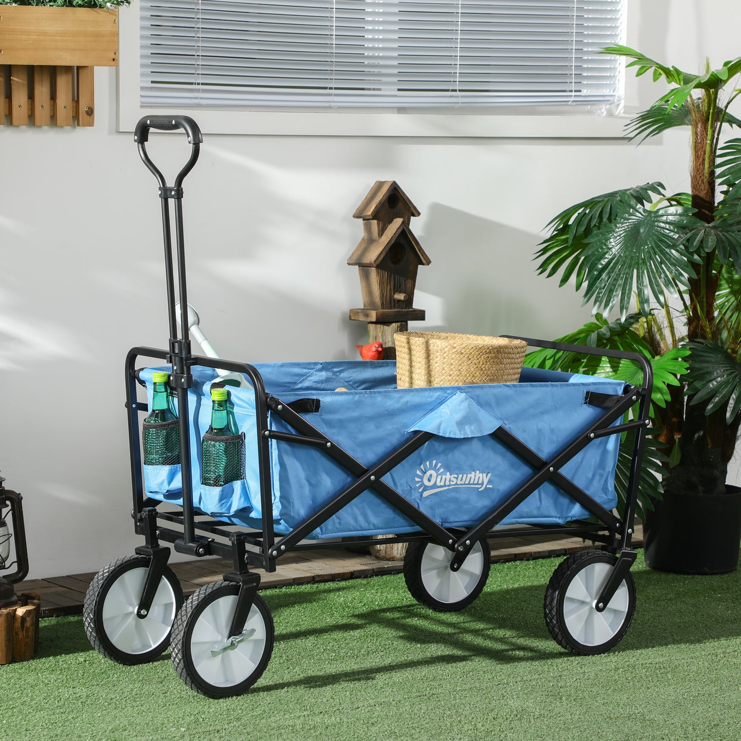 Outsunny Folding Garden Trolley Cart, Cargo Wagon Trailer for Beach & Outdoor Use, with Telescopic Handle, Blue