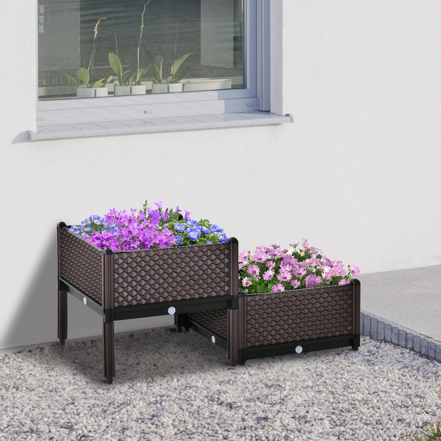 Outsunny 50cm x 50cm x 46.5cm Set of 2 Plastic Raised Garden Bed, Planter Box, Flower Vegetables Planting Container with Self-Watering Design