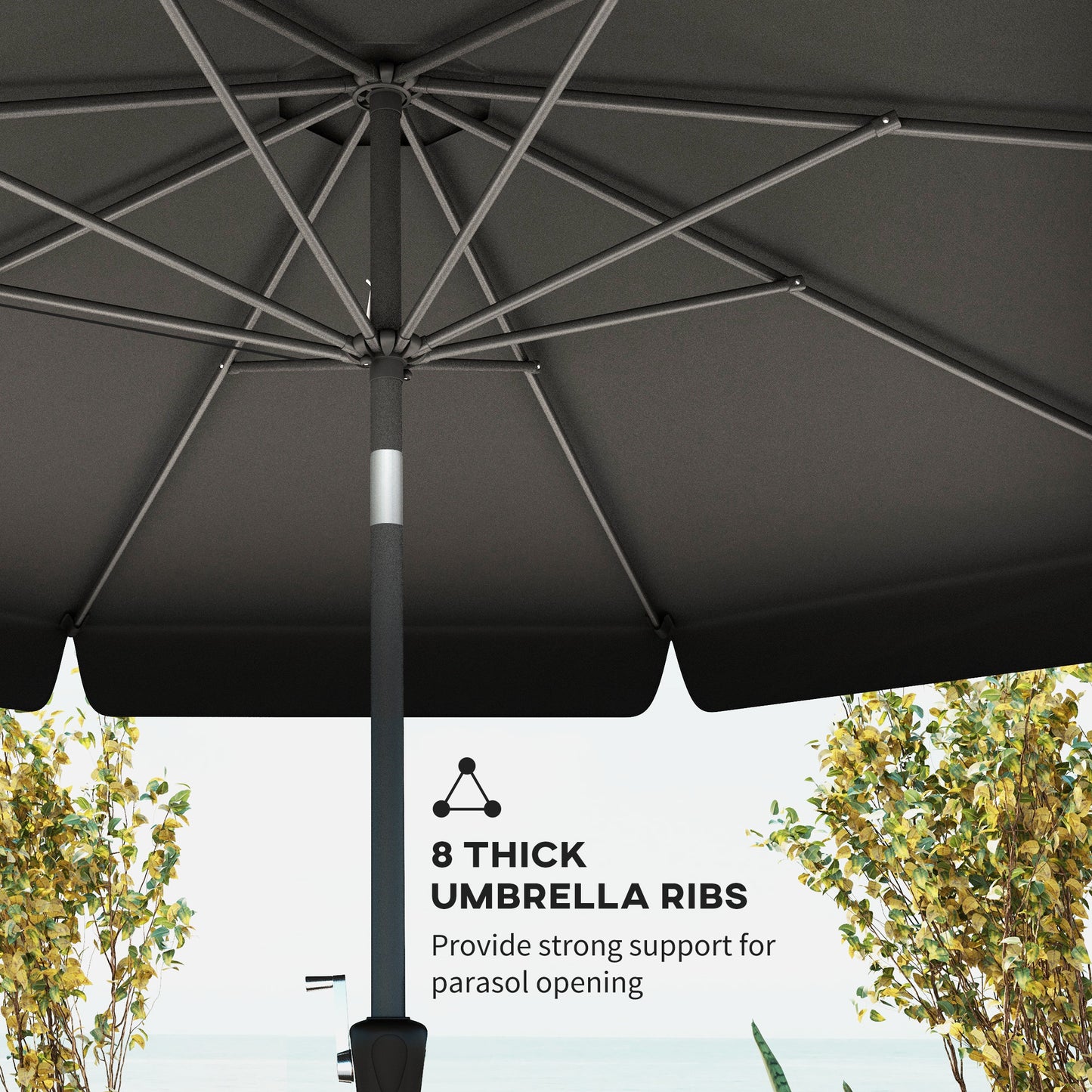 Outsunny 2.7m Patio Parasol: Tilting Crank Umbrella with Ruffled Canopy, 8 Sturdy Ribs, Jet Black