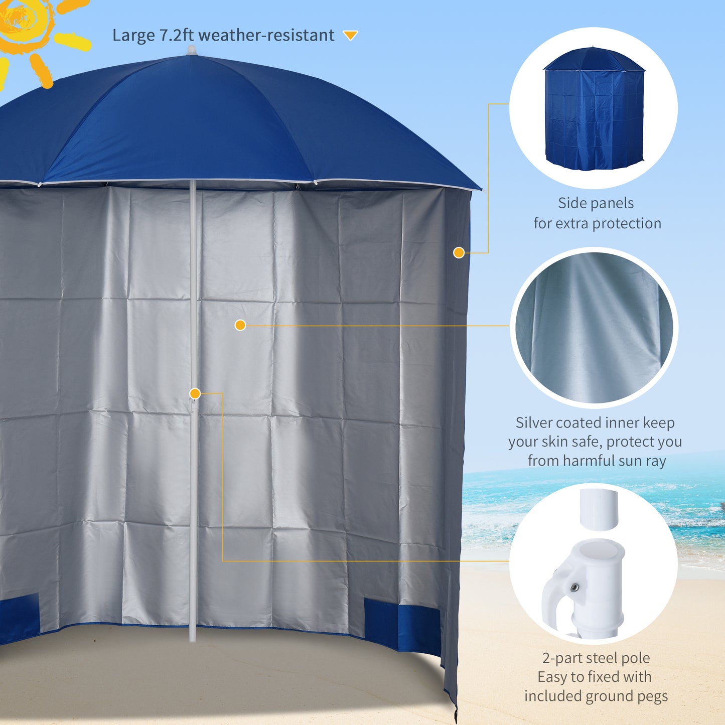 Outsunny Beach Brolly Shelter: 88" Arc Fishing Umbrella with Side Canopy, Carry Bag Included, Azure Blue