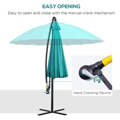 Outsunny 3(m) Cantilever Shanghai Parasol Garden Hanging Banana Sun Umbrella with Crank Handle, 18 Sturdy Ribs and Cross Base, Turquoise