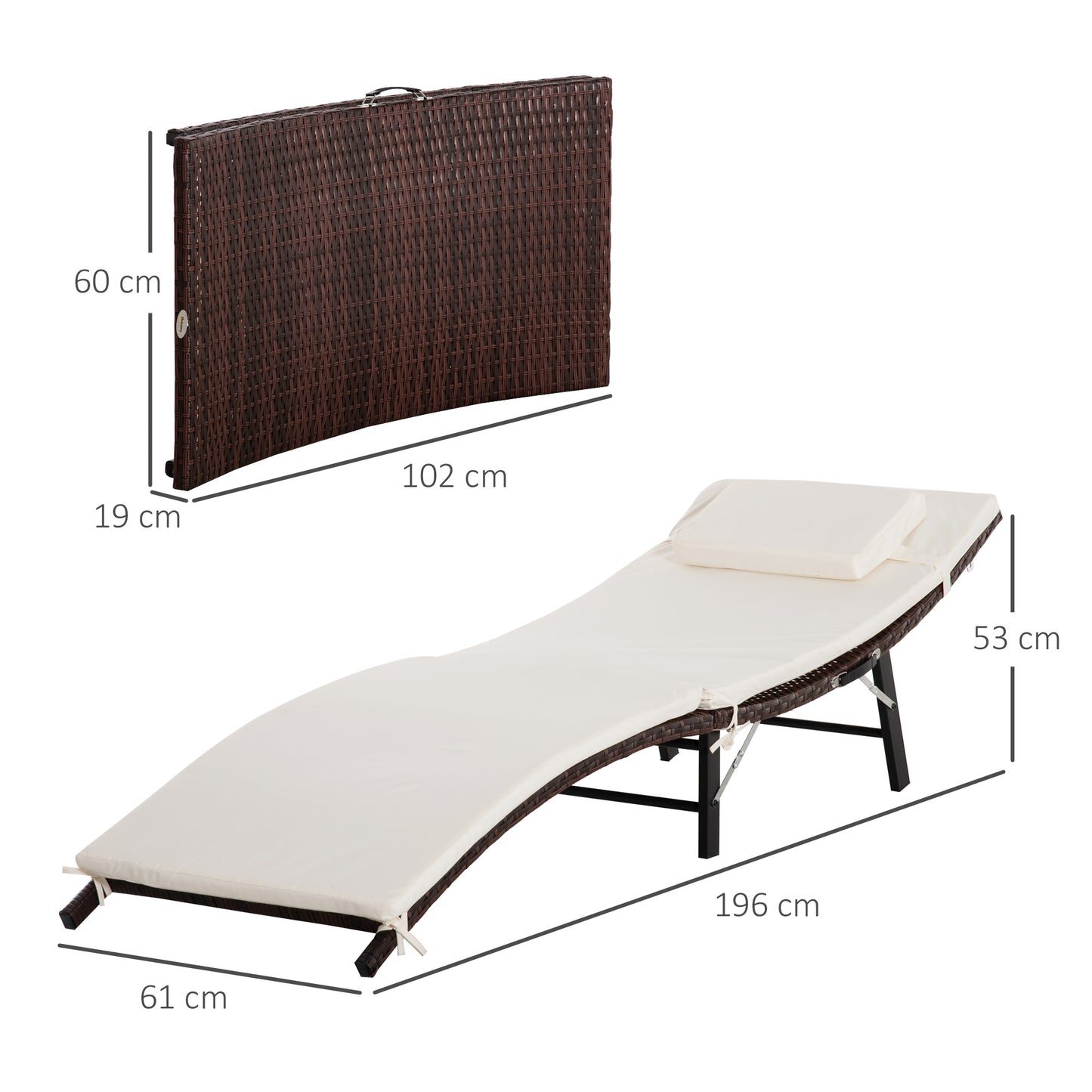Outsunny Rattan Garden Furniture Folding Sun Lounger Outdoor Chair Wicker Weave Bed with Cushion and Pillow Brown