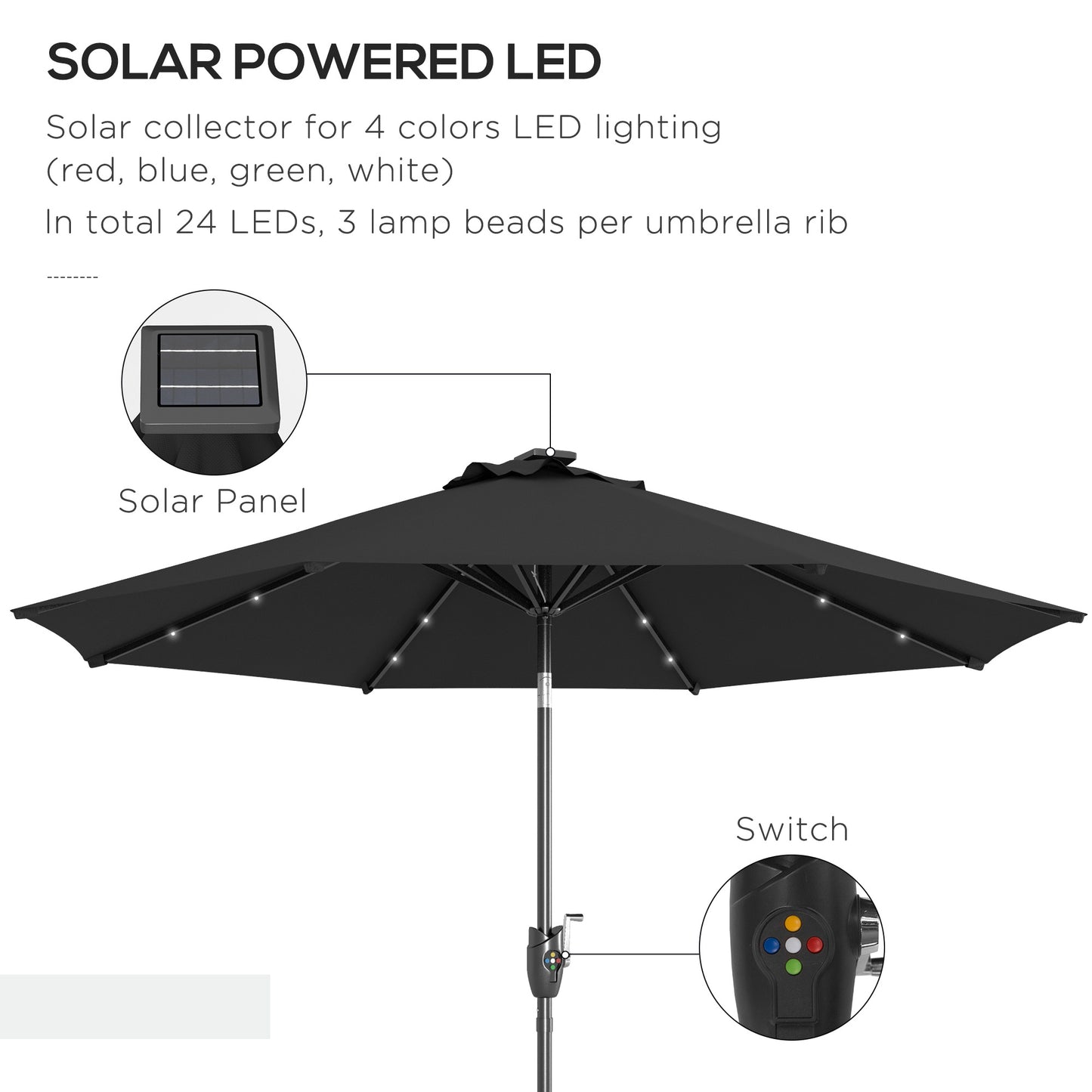 Outsunny Garden Parasol with Solar LED Lights, Tilt Sun Umbrella, Outdoor Patio Shade, 24 LED, Hand Crank, 8 Ribs, 2.7m, Black