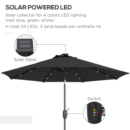 Outsunny Garden Parasol with Solar LED Lights, Tilt Sun Umbrella, Outdoor Patio Shade, 24 LED, Hand Crank, 8 Ribs, 2.7m, Black