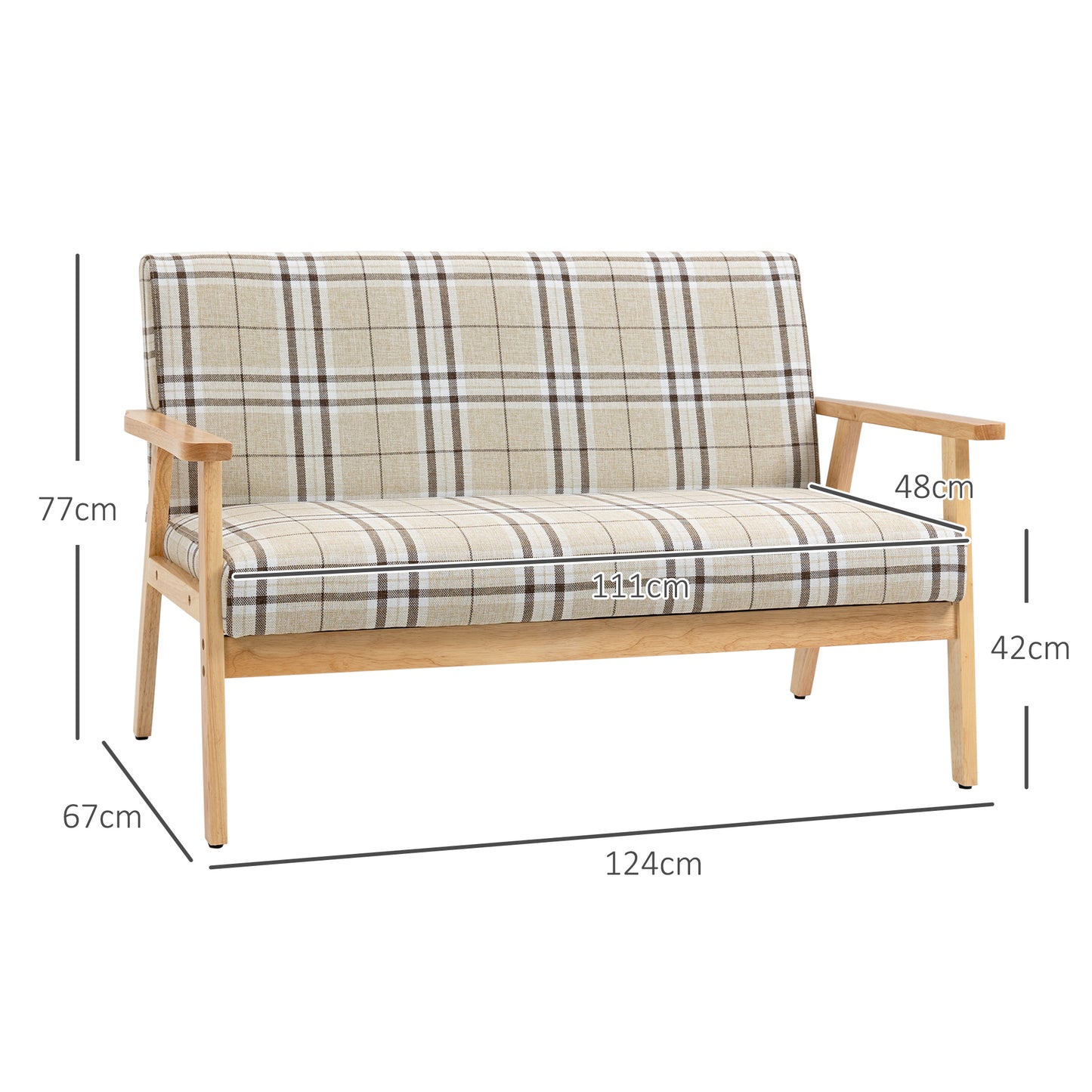 HOMCOM Compact Loveseat Couch Double Seat Sofa with Lattice Pattern and Rubber Wood Frame Beige and Coffee