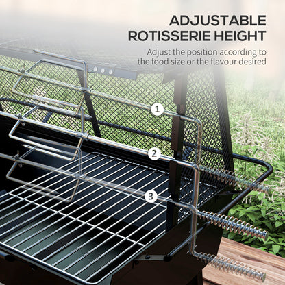 Outsunny 3-in-1 Charcoal Barbecue Grill, Rotisserie Roaster, Fire Pit with Storage Shelf and Mesh Lid