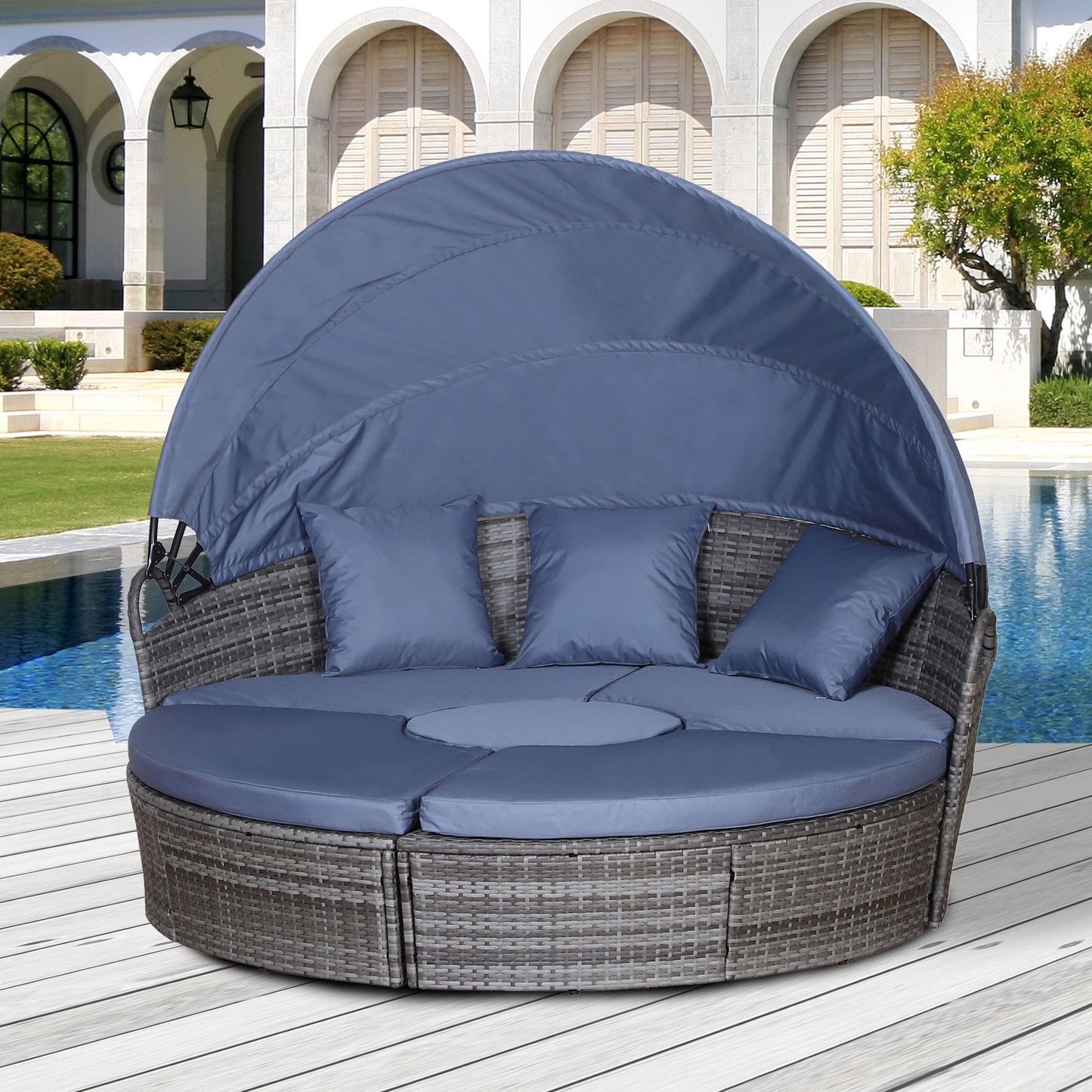Outsunny 6-Seater Rattan Sofa Bed Garden Furniture Cushioned Wicker Round Sofa Bed with Coffee Table  Patio Conversation Furniture Set - Grey