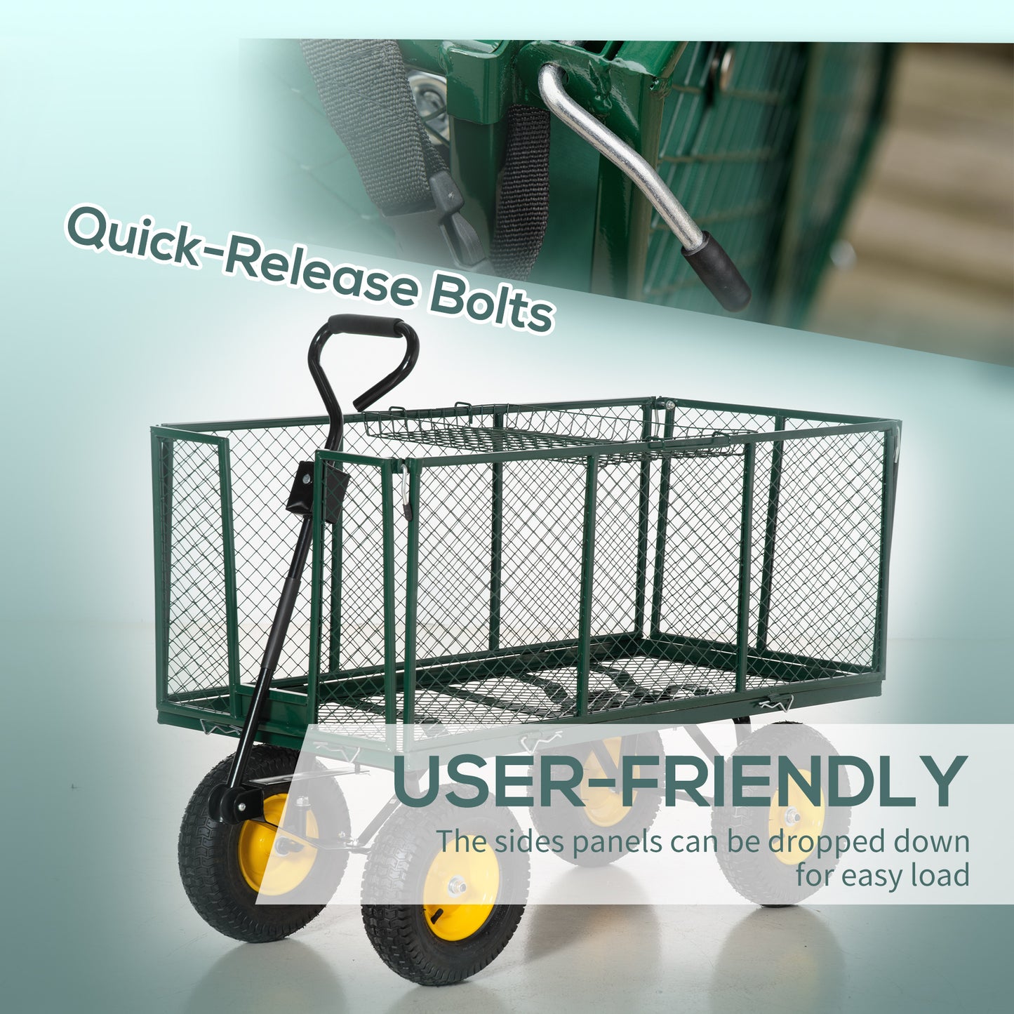 Outsunny Heavy Duty Garden Trolley with 4 Wheels, Metal Frame, and Pull Handle, Ideal for Gardening Tasks, Green