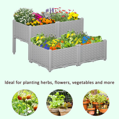 Outsunny Set of 4 Garden Raised Bed Elevated Patio Flower Plant Planter Box PP Vegetables Planting Container, Grey