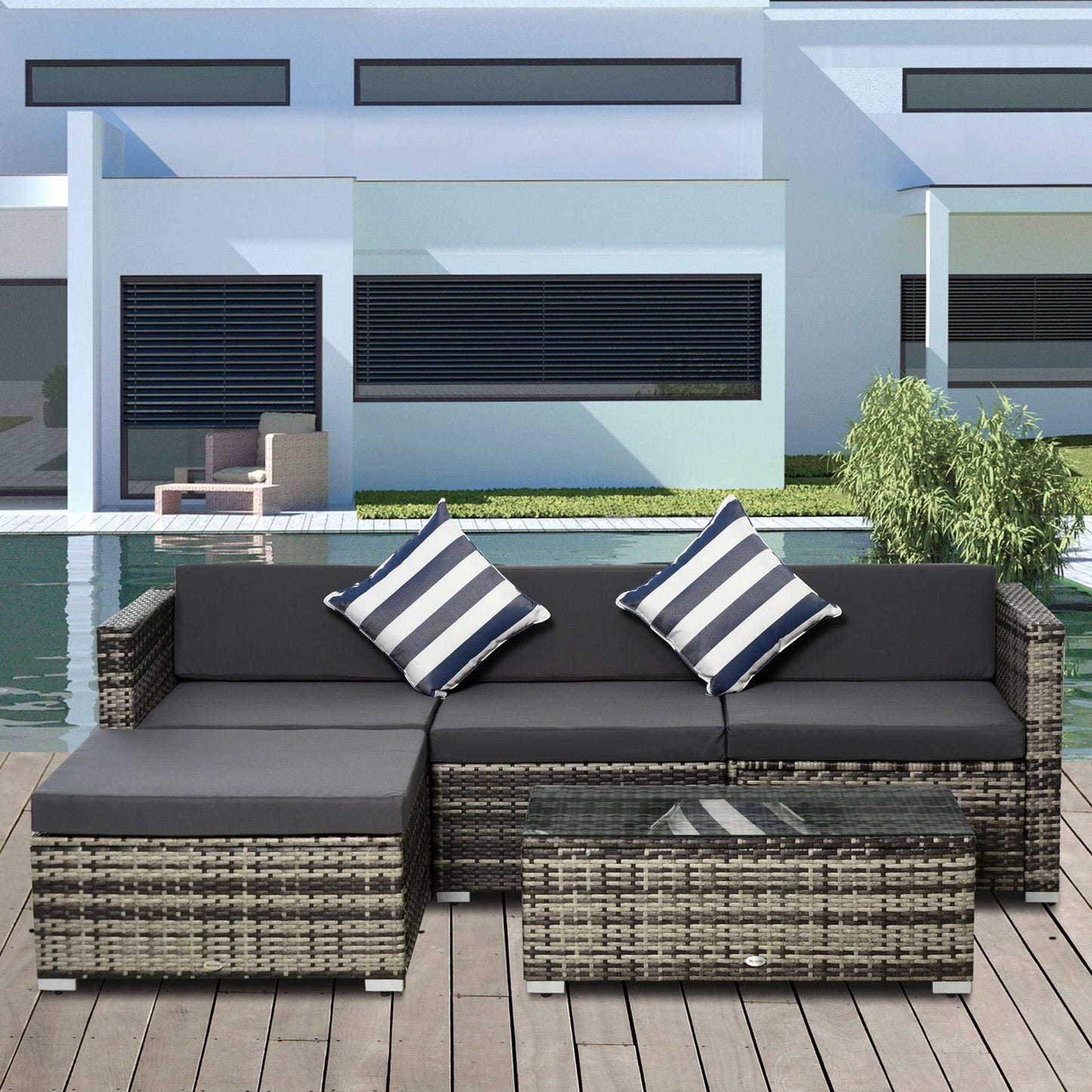 Outsunny 4-Seater Garden Rattan Furniture Set, Outdoor Sectional Conversation PE  Rattan Sofa Set, with Cushions Pillows and Glass Table, Mixed Grey