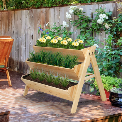 Outsunny 3 Tier Wooden Garden Raised Bed Vertical Plant Bed with Clapboard and Hooks, 120 x 68 x 80cm