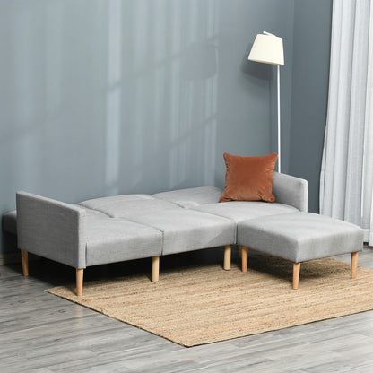 HOMCOM L Shape Sofa Bed Set, Linen Fabric Corner Sofa Bed with Rubber Wood Legs and Footstool, Light Grey