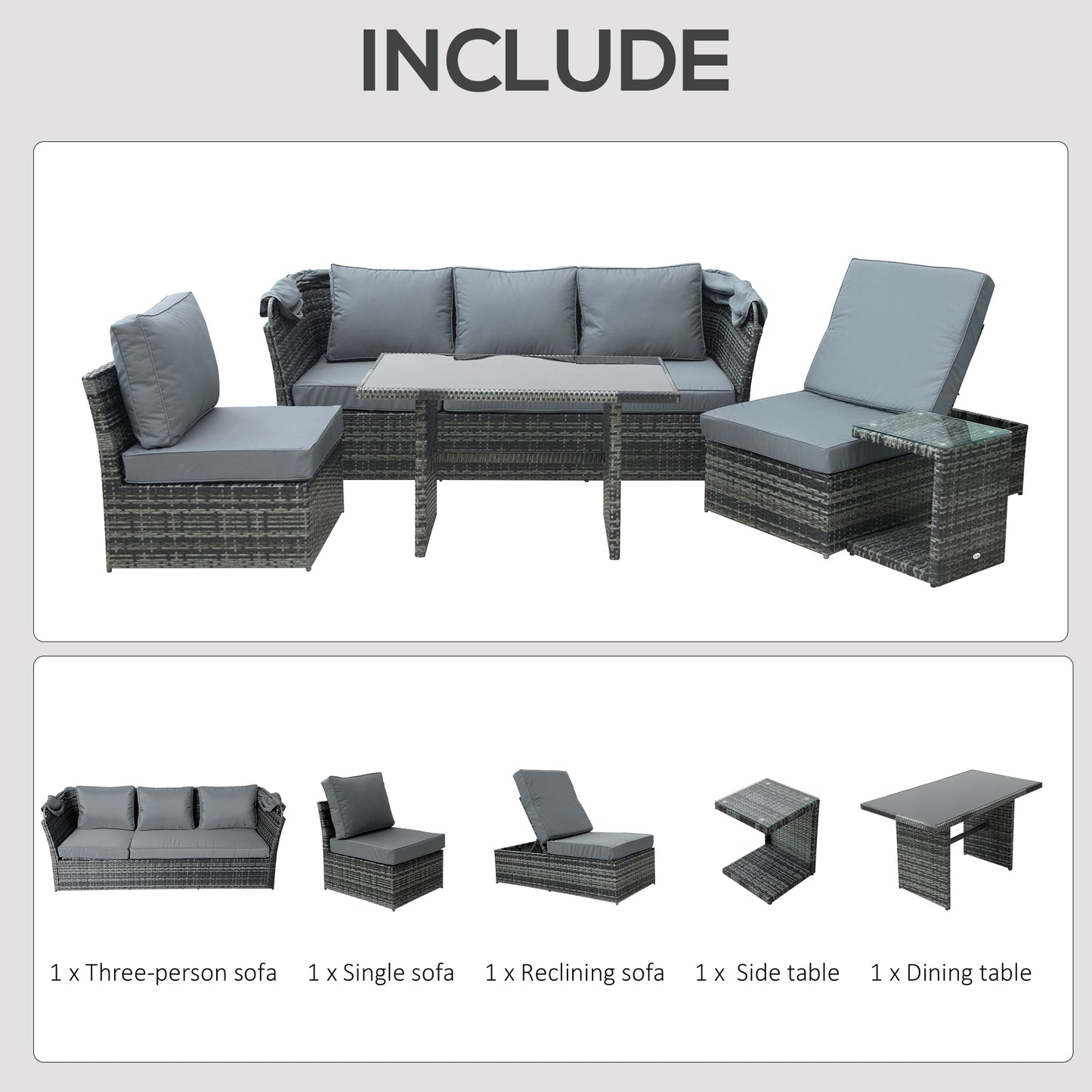Outsunny Rattan Garden Sofa Set, 5-Seater Outdoor Furniture with Reclining Sofa, Adjustable Canopy & Side Table, Mixed Grey