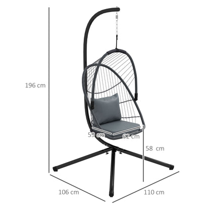 Outsunny Outdoor PE Rattan Swing Chair with Cushion, Foldable Basket Patio Hanging Chair w/ Metal Stand, Rotation Spring Hook, Basket Height