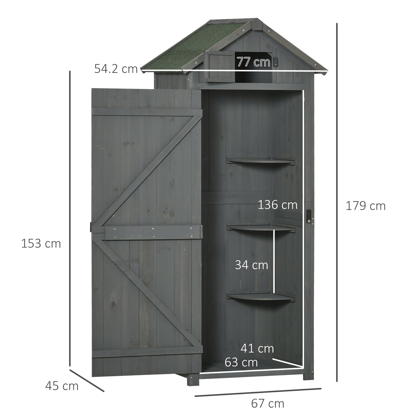 Outsunny Garden Shed Vertical Utility 3 Shelves Shed Wood Outdoor Garden Tool Storage Unit Storage Cabinet, 77 x 54.2 x 179cm - Grey