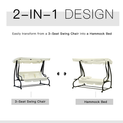 Outsunny 2-in-1 Garden Swing Seat Bed 3 Seater Swing Chair Hammock Bench Bed with Tilting Canopy and 2 Cushions, Cream White
