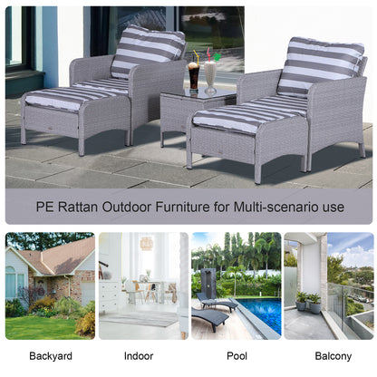 Outsunny 2 Seater PE Rattan Garden Furniture Set, 2 Armchairs 2 Stools Glass Top Table Cushions Wicker Weave Chairs Outdoor Seating - Grey