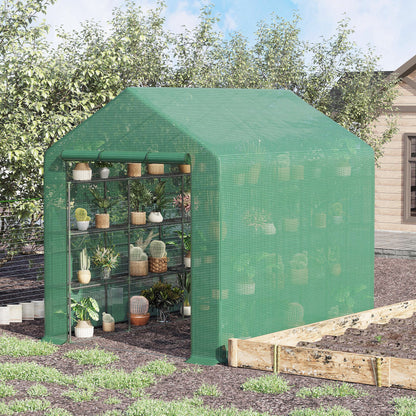 Outsunny Poly Tunnel Steeple Walk in Garden Greenhouse with Removable Cover Shelves - Green 244 x 180 x 210cm