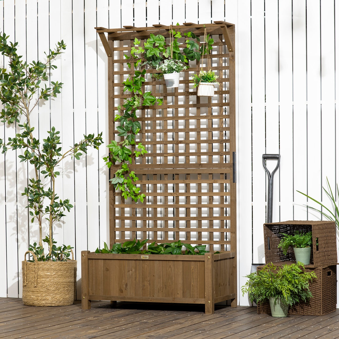 Outsunny Wood Planter with Trellis for Vine Climbing, Raised Garden Bed, Privacy Screen for Backyard, Patio, Deck, Coffee