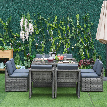 Outsunny Patio 8-Seater Rattan Dining Table Chair Set Garden Wicker Cube Sofa Furniture w/ Umbrella Hole Table for Indoor & Outdoor Mixed Grey