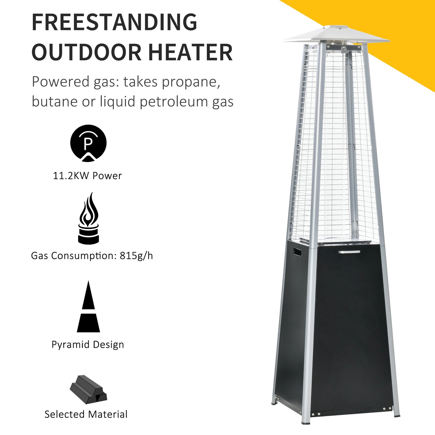 Outsunny 11.2KW Outdoor Patio Gas Heater Freestanding Pyramid Propane Heater Garden Tower Heater with Wheels, Dust Cover, Black, 50 x 50 x 190cm