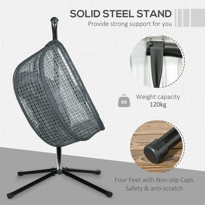 Outsunny Outdoor Swing Chair w/ Thick Padded Cushion, Patio Hanging Chair w/ Metal Stand, Foldable Basket, Cup Holder, Dark Grey