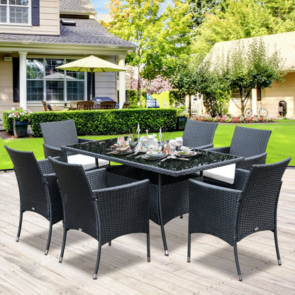 Outsunny 6-Seater Rattan Dining Set Garden Furniture Patio Rectangular Table Cube Chairs Outdoor Fire Retardant Sponge Black