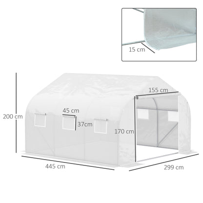 Outsunny Walk-In Tunnel Greenhouse with Replacement Cover, Outdoor Growhouse with PE Cover, Roll Up Door and 6 Windows, 4.5 x 3 x 2 m, White