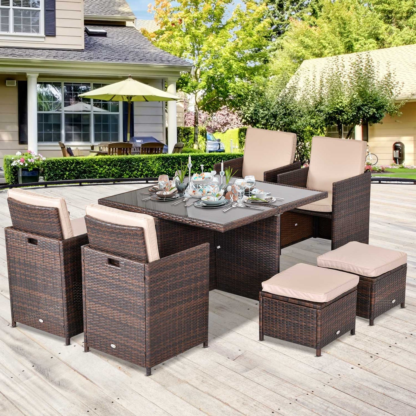 Outsunny 9PC Rattan Garden Furniture Set 8-seater Wicker Outdoor Dining Set Chairs + Footrest + Table Thick Cushion - Brown