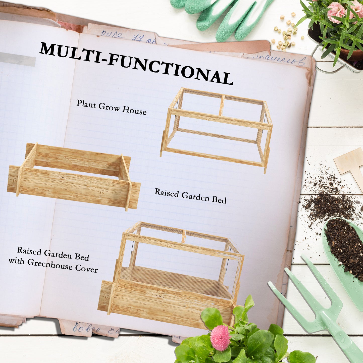 Outsunny Elevated Planter with Greenhouse: Wooden Box with Openable Top for Veggies, Flowers, and Herbs