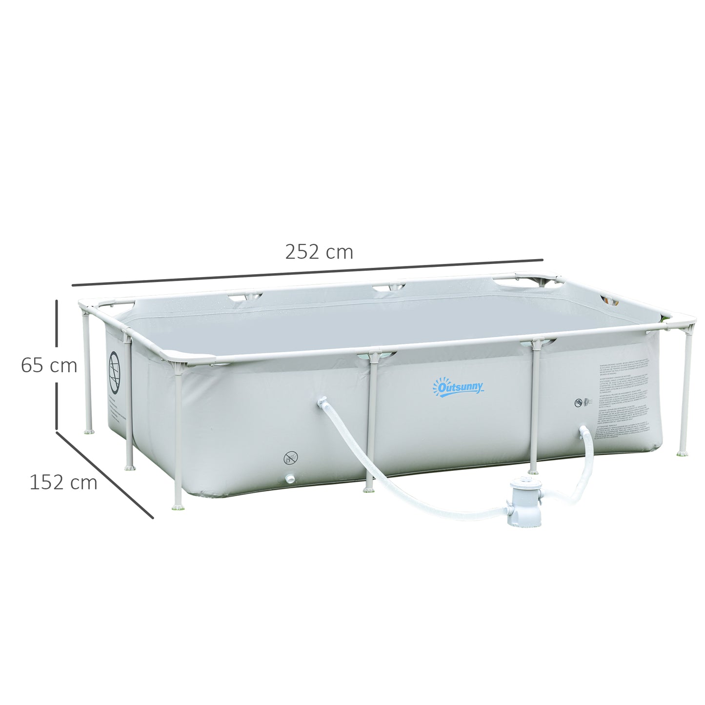 Outsunny Steel Frame Pool with Filter Pump and Filter Cartridge Rust Resistant Above Ground Pool with Reinforced Sidewalls, 252 x 152 x 65cm, Grey