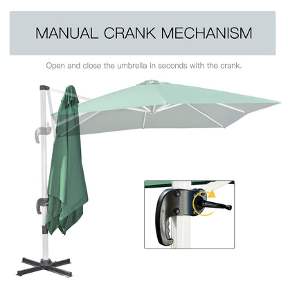 Outsunny 3 x 3(m) Cantilever Parasol, Square Garden Umbrella with Cross Base, Crank Handle, Tilt, 360° Rotation and Aluminium Frame, Green
