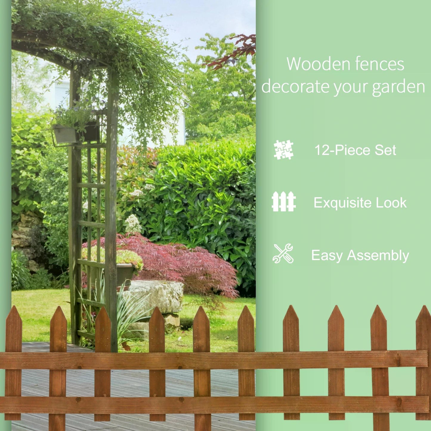 Outsunny 60L x 1D x 34H cm Pack of 12 Wooden Border Fences, Garden Fixed Picket Fence for Lawn Edging, Flowerbed, Brown